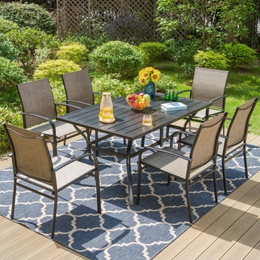 Summit Living 7-Piece Outdoor Patio Dining Set with 6 Textilene Chairs & 1 Metal Steel Table, Black & Gray