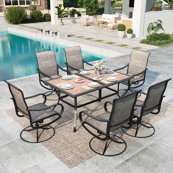 MF Studio 7-Piece Outdoor Patio Dining Set with 6 Textilene Swivel Padded Chairs and Rectangular Wood-Look Table, Gray