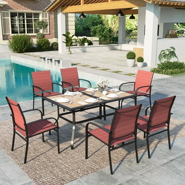 Summit Living 7-Piece Outdoor Patio Dining Set with Rectangle Steel Table with Wooden Tabletop & Red Textilene Chairs for 6-Person