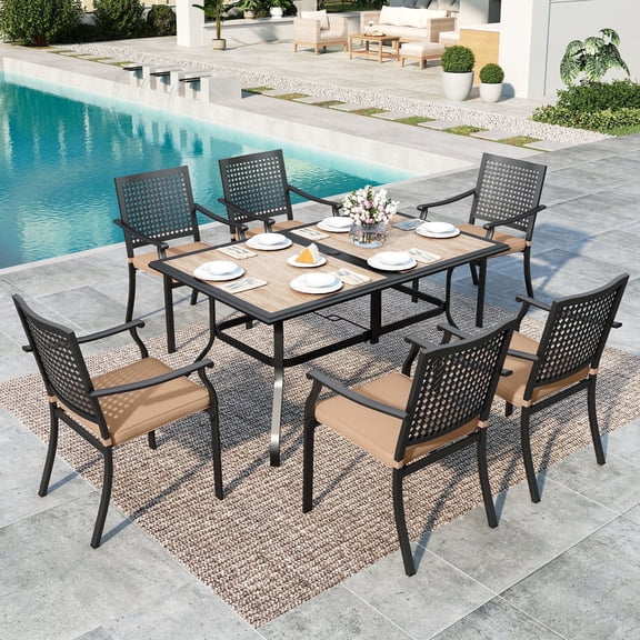 SUMMIT LIVING 7-Piece Outdoor Patio Dining Set with Rectangle Steel Table with Wooden Tabletop & Stackable Chairs with Cushions, Black & Brown
