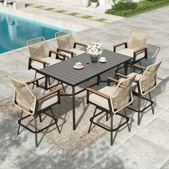 MF Studio 7-Piece Outdoor Patio Swivel Bar Set Dining Set, All-Weather Rattan Bar Height Table Set with Removable Cushions, 67” Rectangle Bar Table