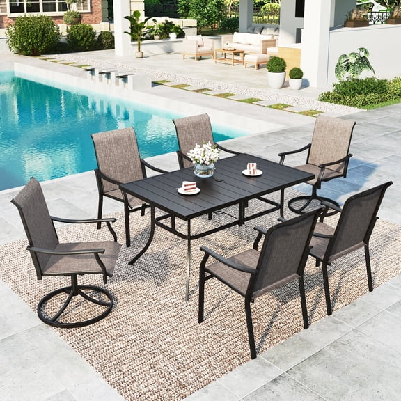 Summit Living 7-Piece Outdoor Patio Textilene Dining Set with 2 Swivel Chairs, 4 Fixed Chairs & 60" Rectangle Steel Table with Umbrella Hole for 6 Person, Black & Grayish-brown