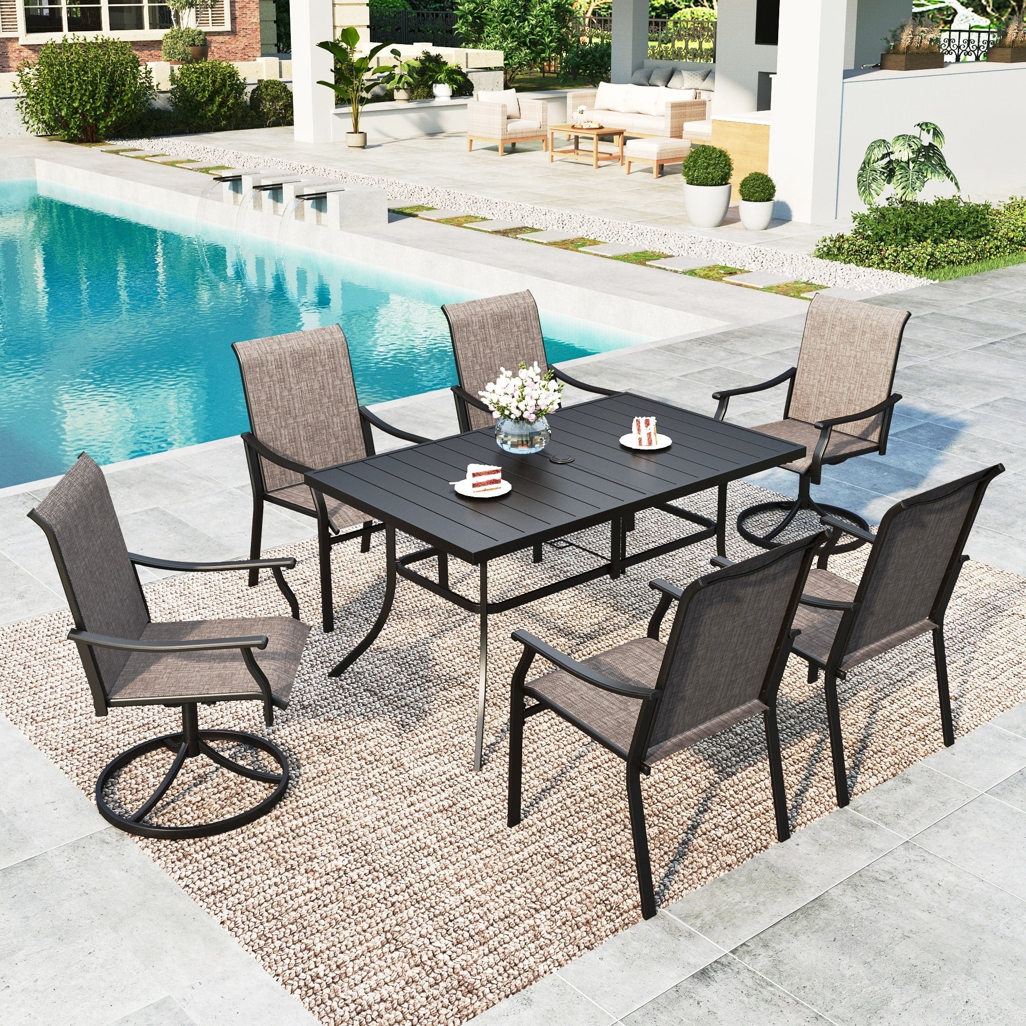 SUMMIT LIVING 7-Piece Outdoor Patio Textilene Dining Set with 2 Swivel Chairs, 4 Fixed Chairs & 60" Rectangle Steel Table with Umbrella Hole for 6 Person, Black & Grayish-brown