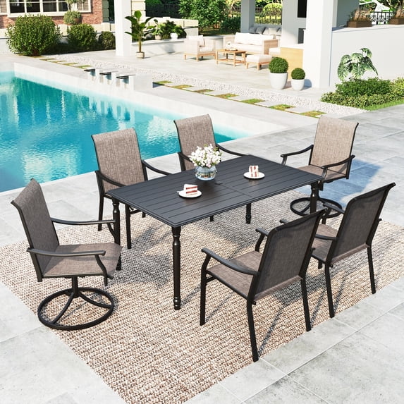 SUMMIT LIVING 7-Piece Outdoor Patio Textilene Dining Set with 2 Swivel Chairs, 4 Fixed Chairs & Rectangular Table with Umbrella Hole, Patio Set for 6 People