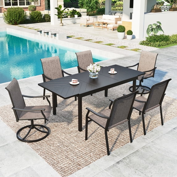 SUMMIT LIVING 7-Piece Textilene Outdoor Patio Dining Set with 2 Swivel Chairs, 4 Fixed Chairs & Steel Argyle Pattern Extendable Table for 6-8 Person, Black & Grayish-brown