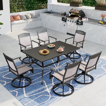 Summit Living 7 Pieces Aluminum Outdoor Patio Dining Set with 6 Cast Aluminum Swivel Chairs and 1 Metal Steel Table,Black&Beige