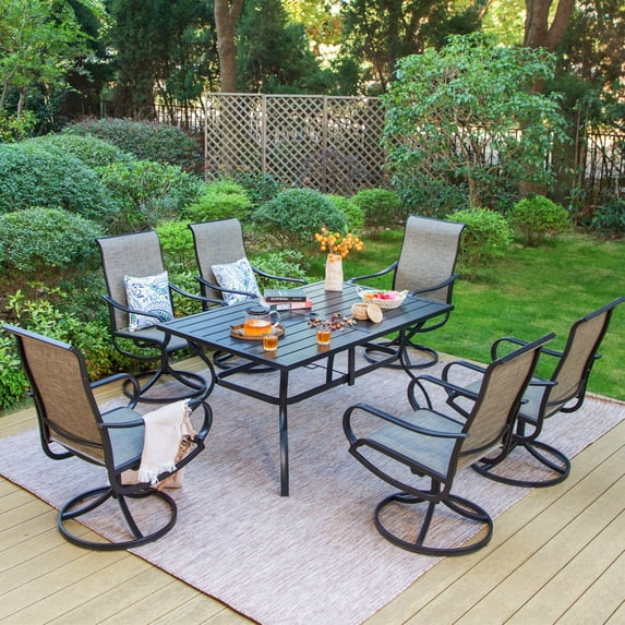 SUMMIT LIVING 7 Pieces Outdoor Patio Dining Set with Patio Swivel Textilene Chairs and Metal Patio Table with Umbrella Hole for 6 People, Black & Brown-Gray