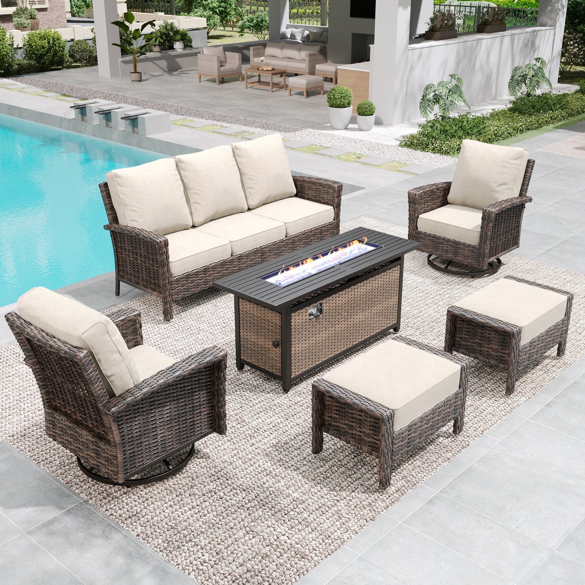 SUMMIT LIVING 7-Seat Patio Furniture Set with 56" Gas Fire Pit Table (50,000 BTU), Wicker Sectional Outdoor Conversation Set with Swivels Chairs, Beige
