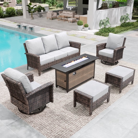 SUMMIT LIVING 7-Seat Patio Furniture Set with 56" Gas Fire Pit Table (50,000 BTU), Wicker Sectional Outdoor Conversation Set with Swivels Chairs, Light-gray