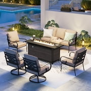 MF Studio 7-Seat Patio Conversation Set with 45" Fire Pit Table, Metal Outdoor Furniture Sofa Set with Swivel Chairs, Black & Beige