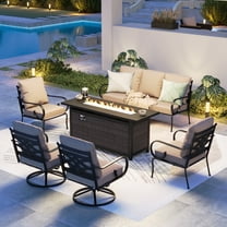 MF Studio 7-Seat Patio Conversation Set with 45" Fire Pit Table, Metal Outdoor Furniture Sofa Set with Swivel Chairs, Black & Beige