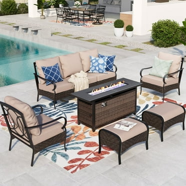 Summit Living 7-Seat Outdoor Patio Conversation Set with 57" Fire Pit Table, Fire Pit Set for 7-People, Beige