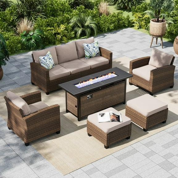 MF Studio 7-Seat Outdoor Patio Furniture Set with Fire Pit Wicker Patio Conversation Set Beige