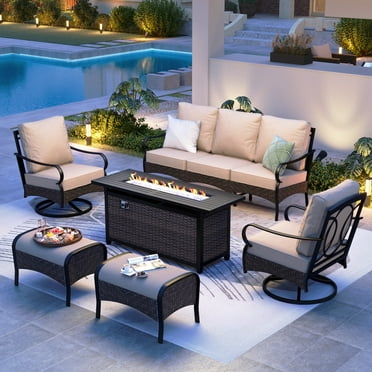 Summit Living 7-Seat Outdoor Patio Conversation Set with 57" Fire Pit Table, Fire Pit Set with Swivel Chair, Beige