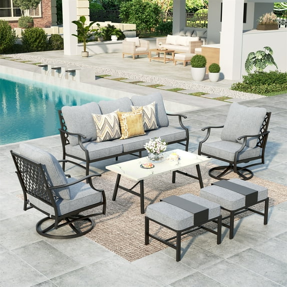 Summit Living 7 Seat Patio Conversation Set Metal Outdoor Furniture with Swivel Chair Sofa Gray