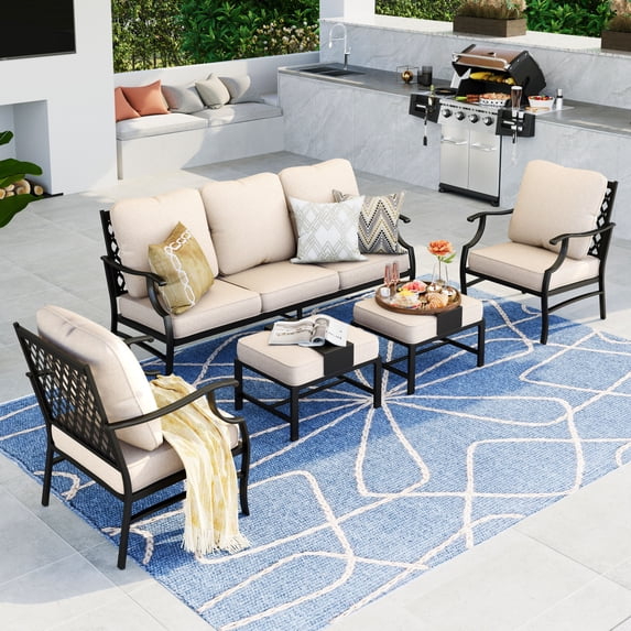 Summit Living 7-Seat Patio Furniture Outdoor Conversation Set Metal Sofa with Beige Cushion