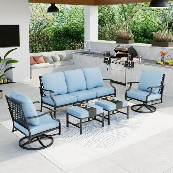 Summit Living 7-Seat Patio Furniture Outdoor Conversation Set Metal Sofa with Blue Cushion