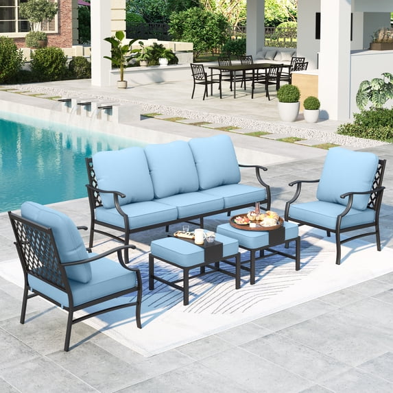 Summit Living 7-Seat Patio Furniture Outdoor Conversation Set Metal Sofa with Blue Cushion