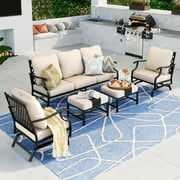 Summit Living 7-Seat Patio Furniture Outdoor Conversation Set Steel Sectional Sofa with Beige Cushion