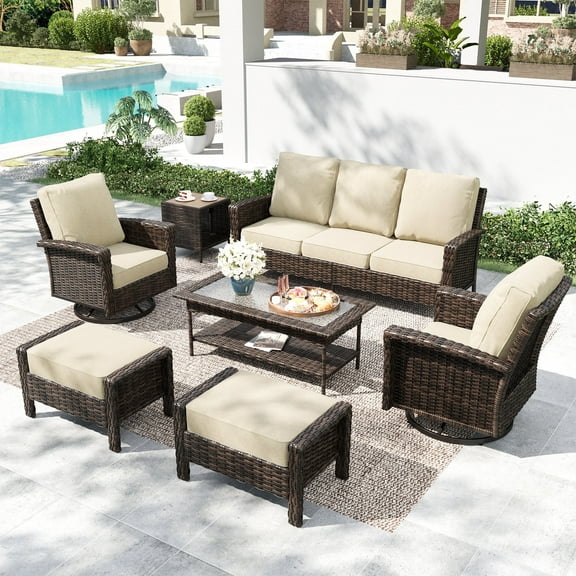 MF Studio 7-Seat Wicker Outdoor Patio Furniture Set with Swivel Chairs, Patio Conversation Set with Ottoman, Beige
