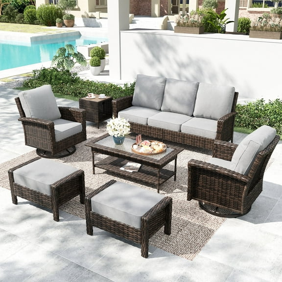 MF Studio 7-Seat Wicker Outdoor Patio Furniture Set with Swivel Chairs, Patio Conversation Set with Extra Thickened Cushions, Light-gray