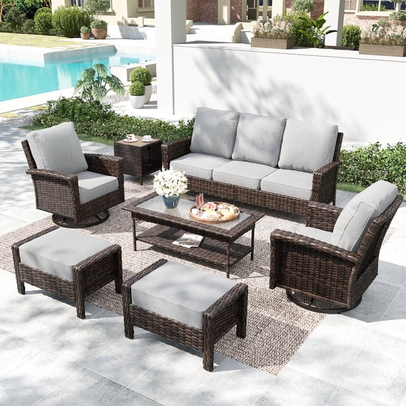 SUMMIT LIVING 7-Seat Wicker Outdoor Patio Furniture Set with Swivel Chairs, Patio Conversation Set with Extra Thickened Cushions, Light-gray