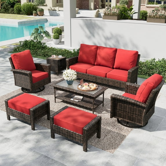 MF Studio 7-Seat Wicker Outdoor Patio Furniture Set with Ottomans, Metal Sectional Patio Conversation Set, Red