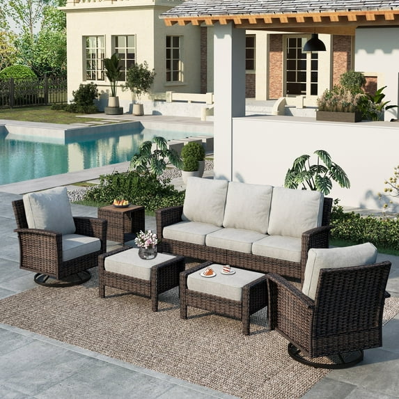 Summit Living 7-Seat Wicker Patio Furniture Set with 2 Swivel Chairs & 3-Seat Sofa with 2 Ottoman & 1 Coffee Table, Outdoor Sectional Conversation Set for Garden, Light-gray