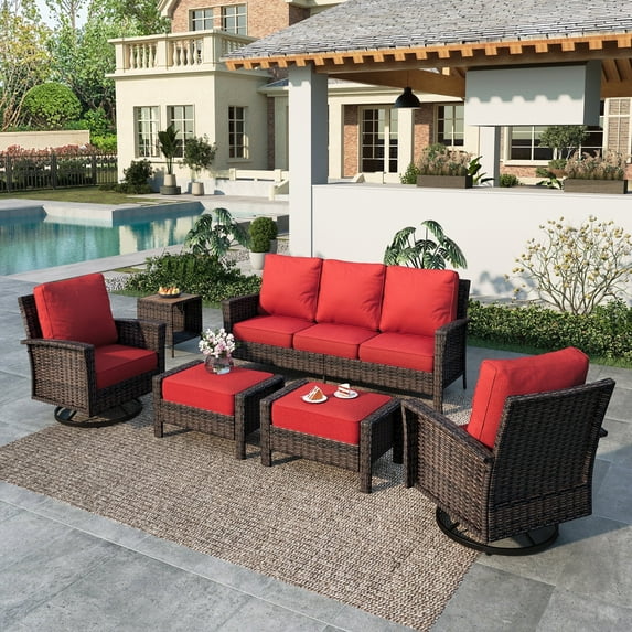 Summit Living 7-Seat Wicker Patio Furniture Set with 2 Swivel Chairs & 3-Seat Sofa with 2 Ottoman & 1 Coffee Table, Outdoor Sectional Conversation Set for Garden, Red