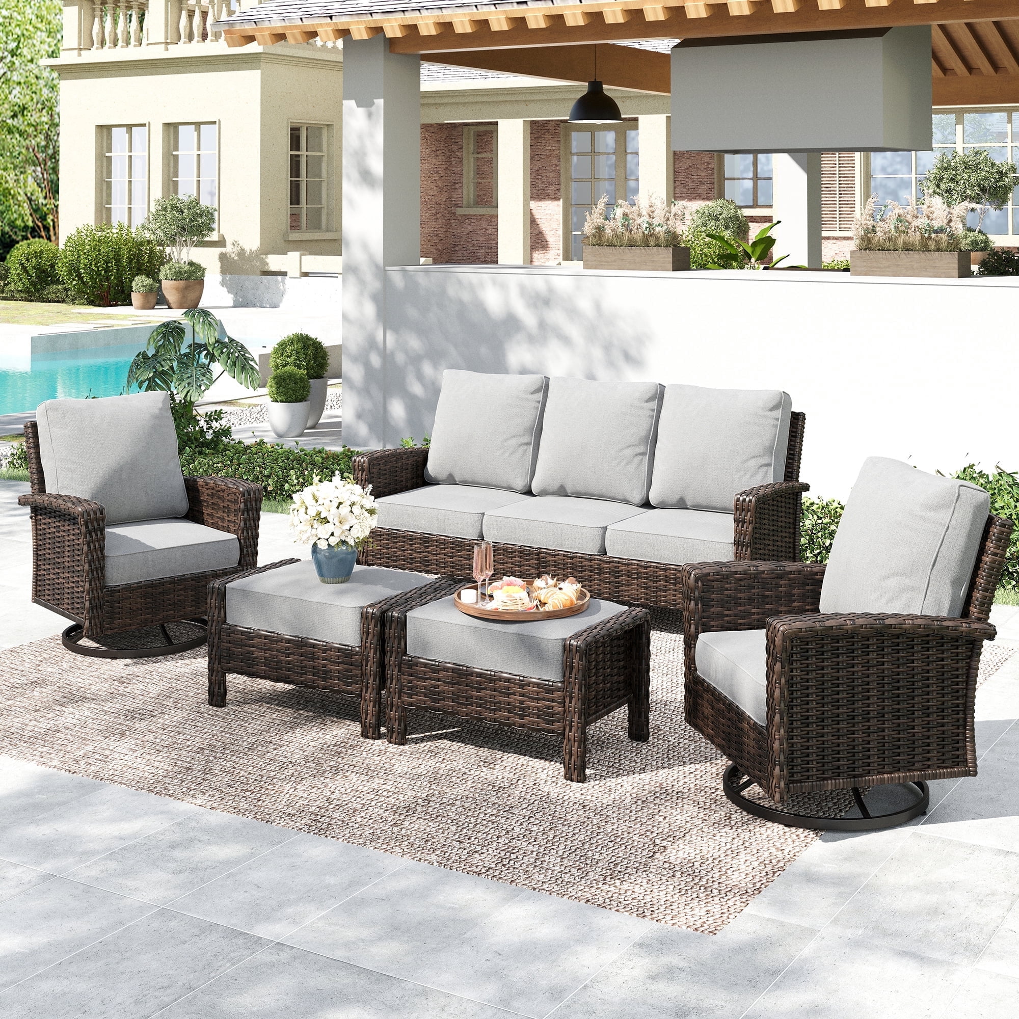SUMMIT LIVING 7-Seat Wicker Outdoor Patio Furniture Set with Swivel Chairs & Ottomans, Metal Sectional Patio Conversation Set, Light Gray