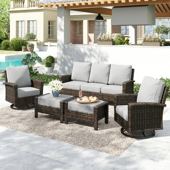 MF Studio 7-Seat Wicker Outdoor Patio Furniture Set with Swivel Chairs & Ottomans, Metal Sectional Patio Conversation Set, Light Gray