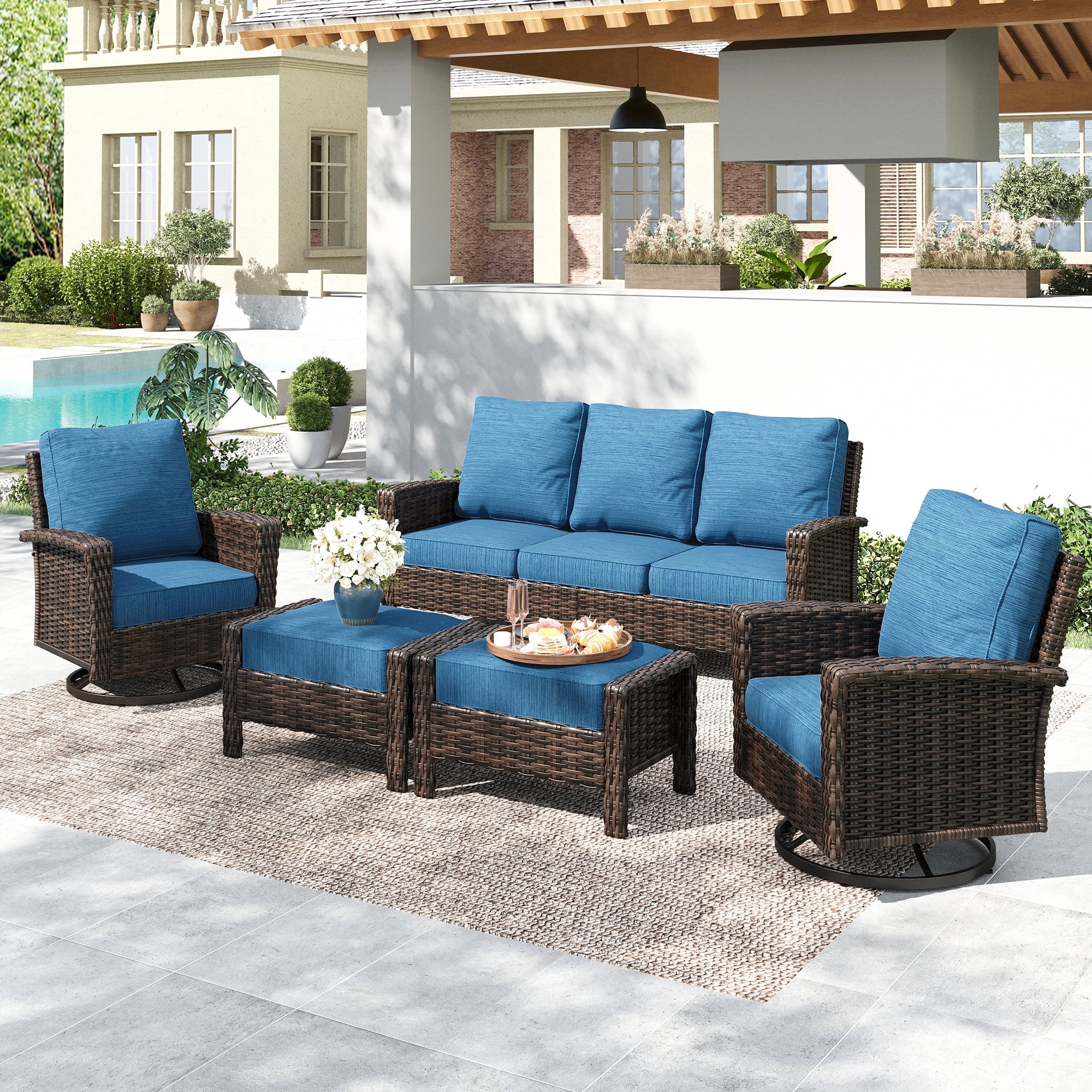 SUMMIT LIVING 7-Seat Wicker Patio Furniture Set with 2 Swivel Chairs & 3-Seat Sofa with 2 Ottoman, Outdoor Sectional Conversation Set for Garden, Peacock Blue