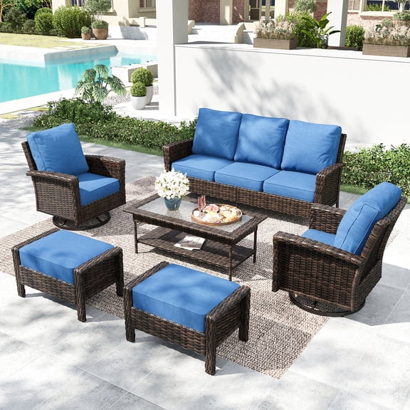SUMMIT LIVING 7-Seat Wicker Patio Furniture Set with 2 Swivel Chairs & 3-Seat Sofa & Coffee Table with 2 Ottoman, Outdoor Sectional Conversation Set, Blue