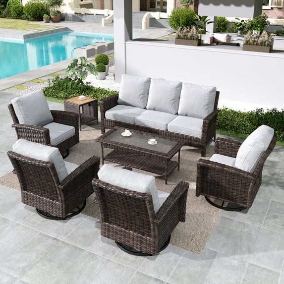 Summit Living 7-Seat Wicker Patio Furniture Set with 4 Swivel Chairs & 3-Seat Sofa with 2 Coffee Table, Outdoor Sectional Conversation Set, Light-gray