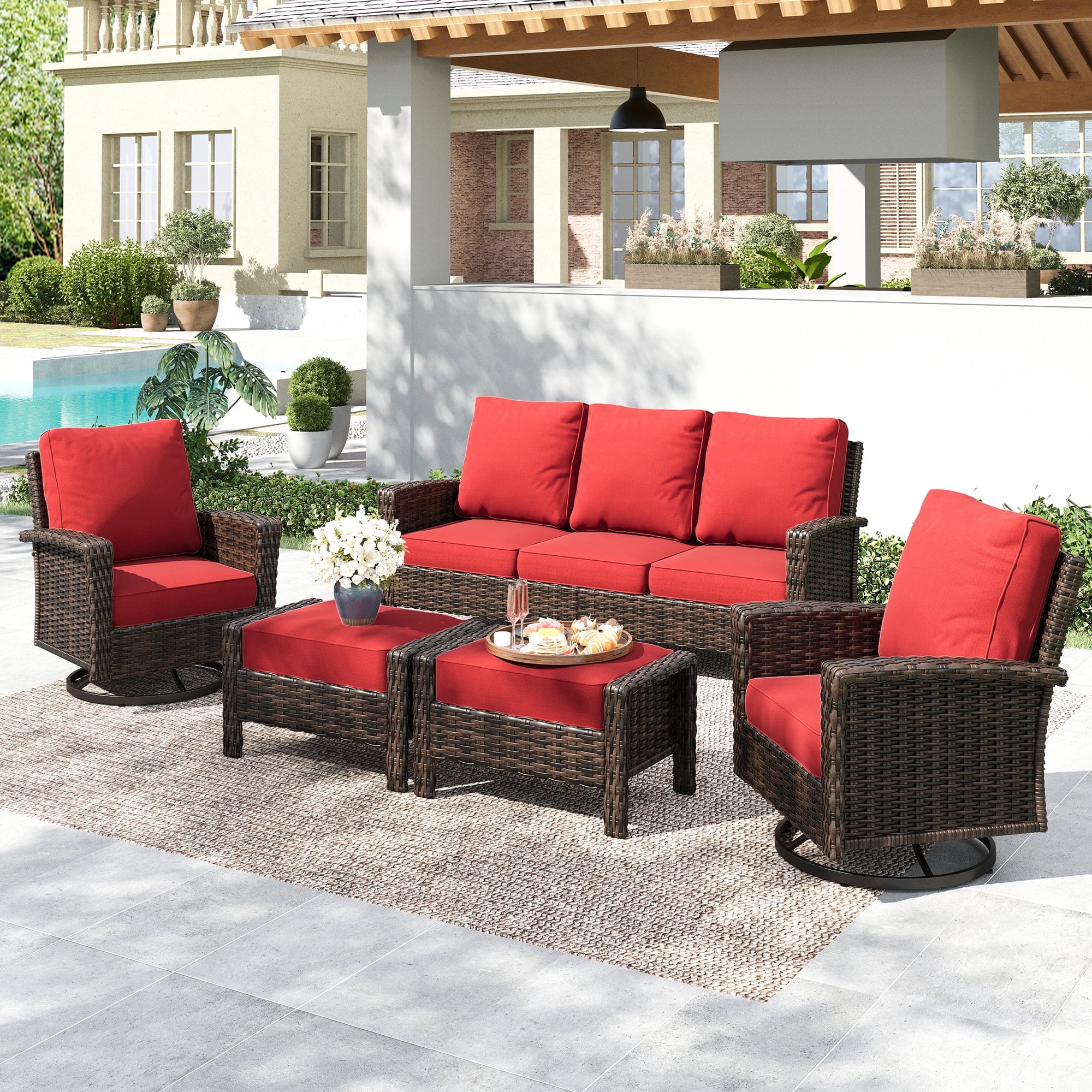 SUMMIT LIVING 7-Seat Wicker Patio Furniture Set with 2 Swivel Chairs & 3-Seat Sofa with 2 Ottoman, Outdoor Sectional Conversation Set for Garden, Red