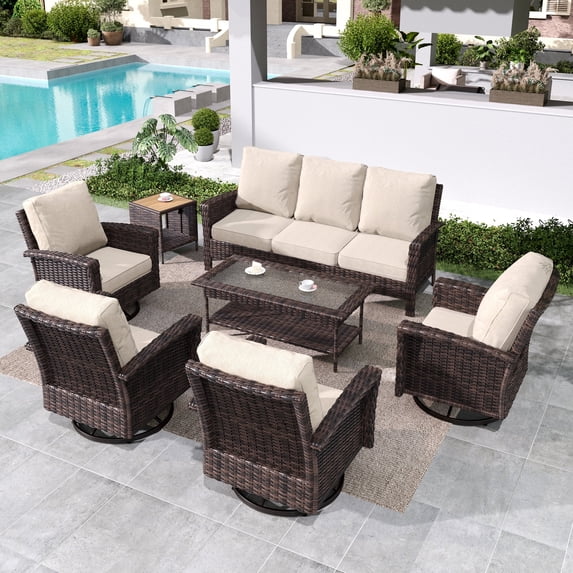 SUMMIT LIVING 7-Seat Wicker Patio Furniture Set with 4 Swivel Chairs & 3-Seat Sofa with 2 Coffee Table, Outdoor Sectional Conversation Set, Beige