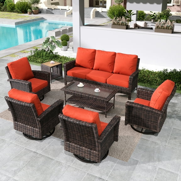 Summit Living 7-Seat Wicker Patio Furniture Set with 4 Swivel Chairs & 3-Seat Sofa with 2 Coffee Table, Outdoor Sectional Conversation Set, Red