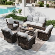 Summit Living 7-Seat Wicker Patio Furniture Set with 4 Swivel Chairs & 3-Seat Sofa with Coffee Table, Outdoor Sectional Conversation Set, Light-Gray