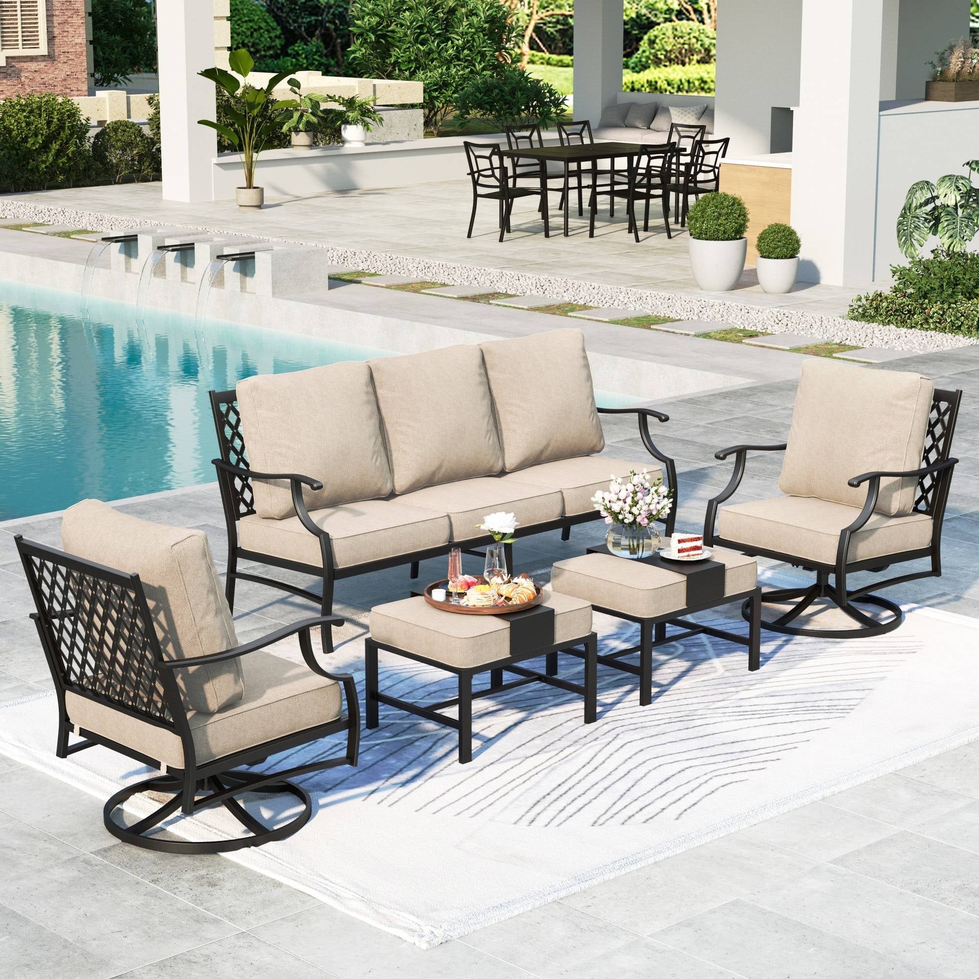 MF Studio 7-Seater Patio Conversation Set Metal Outdoor Furniture Set with Swivel Chairs and Ottomans - Beige