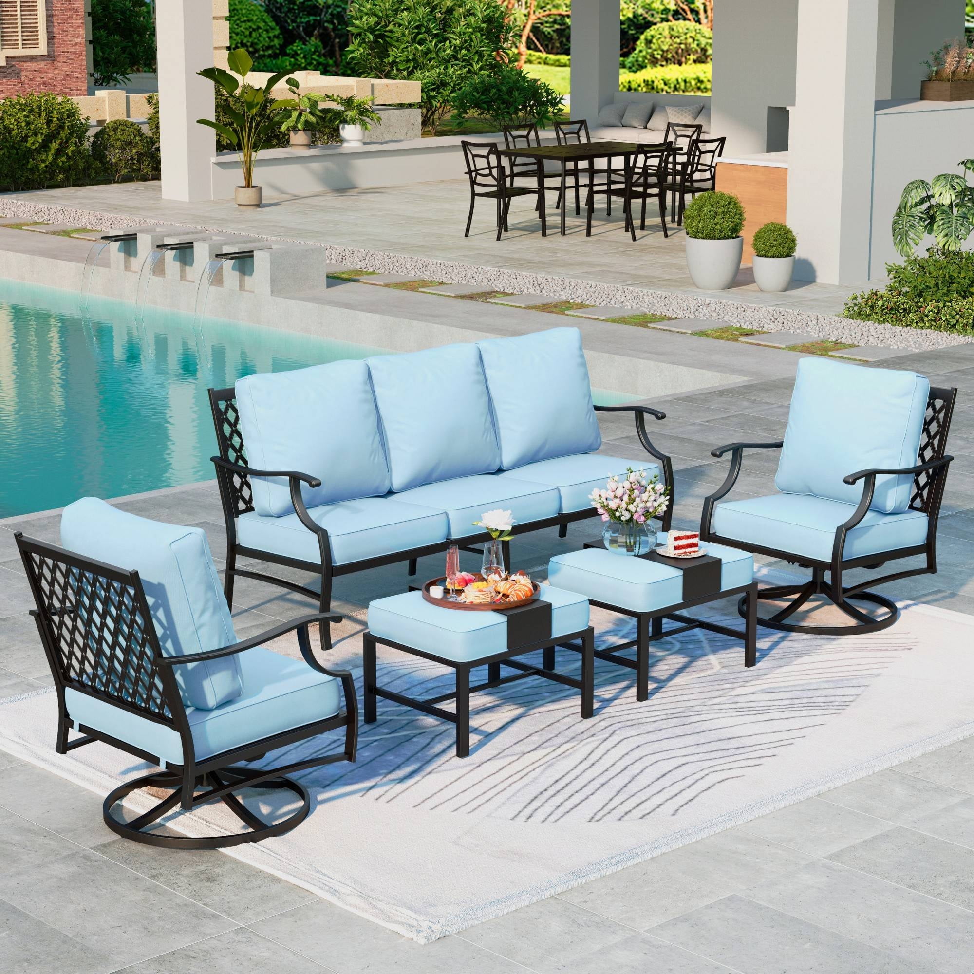 MF Studio 7-Seater Patio Conversation Set Metal Outdoor Furniture Set with Swivel Chairs and Ottomans - Blue