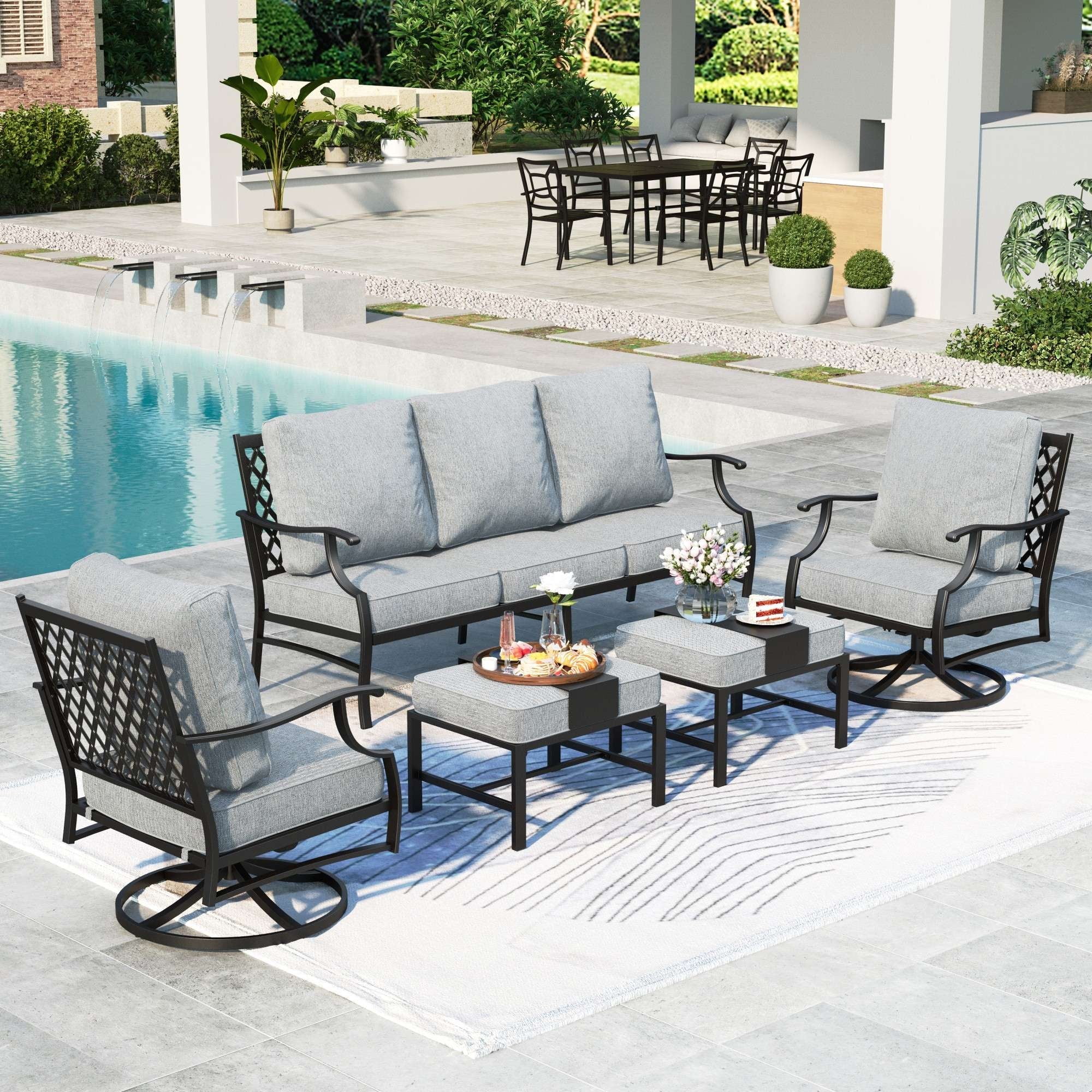 MF Studio 7-Seater Patio Conversation Set Metal Outdoor Furniture Set with Swivel Chairs and Ottomans - Gray