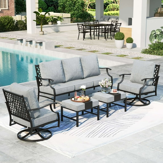 MF Studio 7-Seater Patio Conversation Set Metal Outdoor Furniture Set with Swivel Chairs and Ottomans - Gray