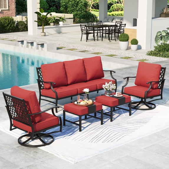MF Studio 7-Seater Patio Conversation Set Metal Outdoor Furniture Set with Swivel Chairs and Ottomans - Red
