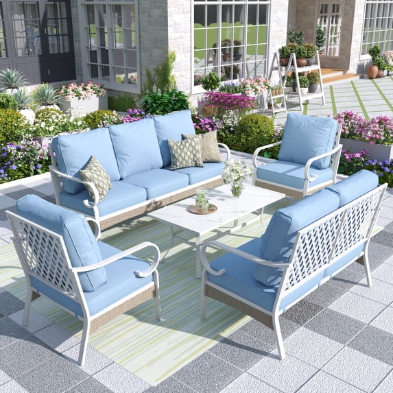 MF Studio 7-Seater Patio Conversation Set Metal Outdoor Furniture with Fixed Chair Sofa Blue