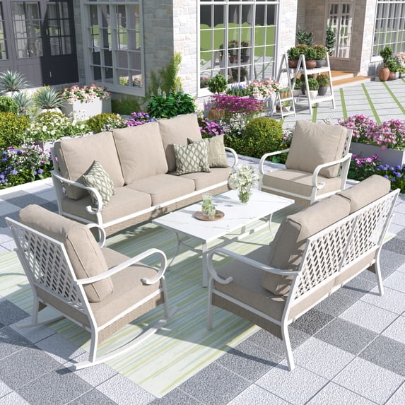 MF Studio 7-Seater Patio Conversation Set Metal Outdoor Furniture with Rocking Chair Sofa Beige