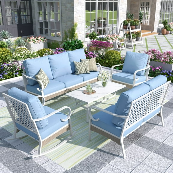 MF Studio 7-Seater Metal Patio Conversation Set Outdoor Furniture Set with Rocking Chair Sofa - Blue