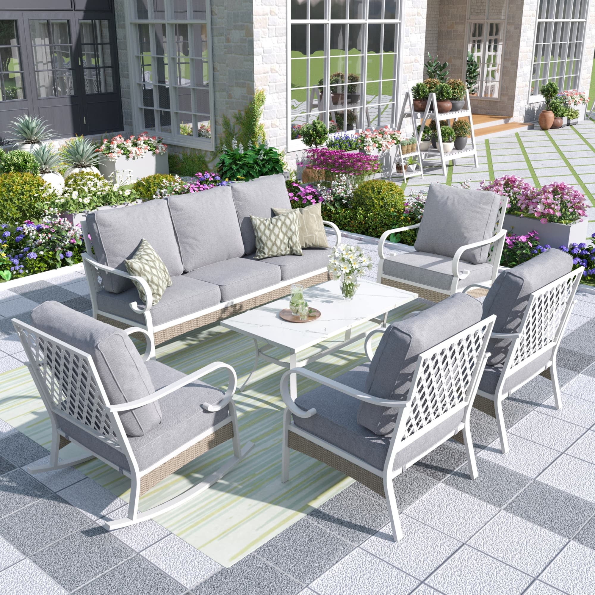 MF Studio 7-Seater Patio Conversation Set Metal Outdoor Furniture with Rocking Chair Sofa Gray