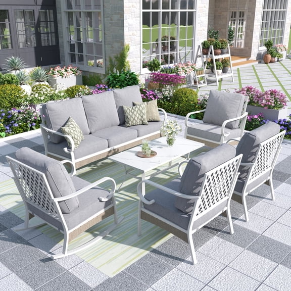 MF Studio 7-Seater Patio Conversation Set Metal Outdoor Furniture with Rocking Chair Sofa Gray