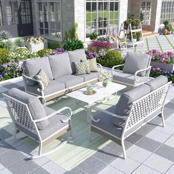 MF Studio 7-Seater Patio Conversation Set Metal Outdoor Furniture with Rocking Chair Sofa Gray