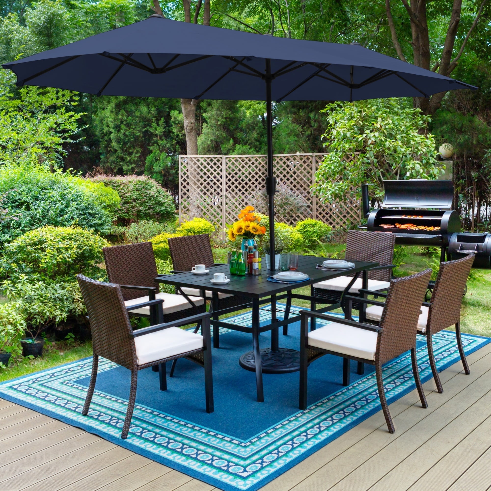 MF Studio 8 Pieces Outdoor Dining Set with 13ft Double-Sided Twin Umbrella, 6 Rattan Chairs and Rectangular Table, Navy Blue